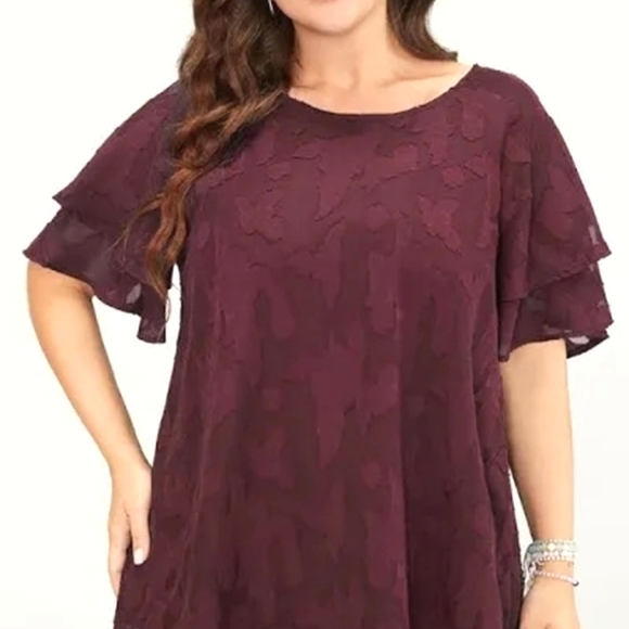 BloomChic Tops - NEW Burgundy Floral Print Ruffle Tiered Flutter Sleeve Mesh Blouse 2x